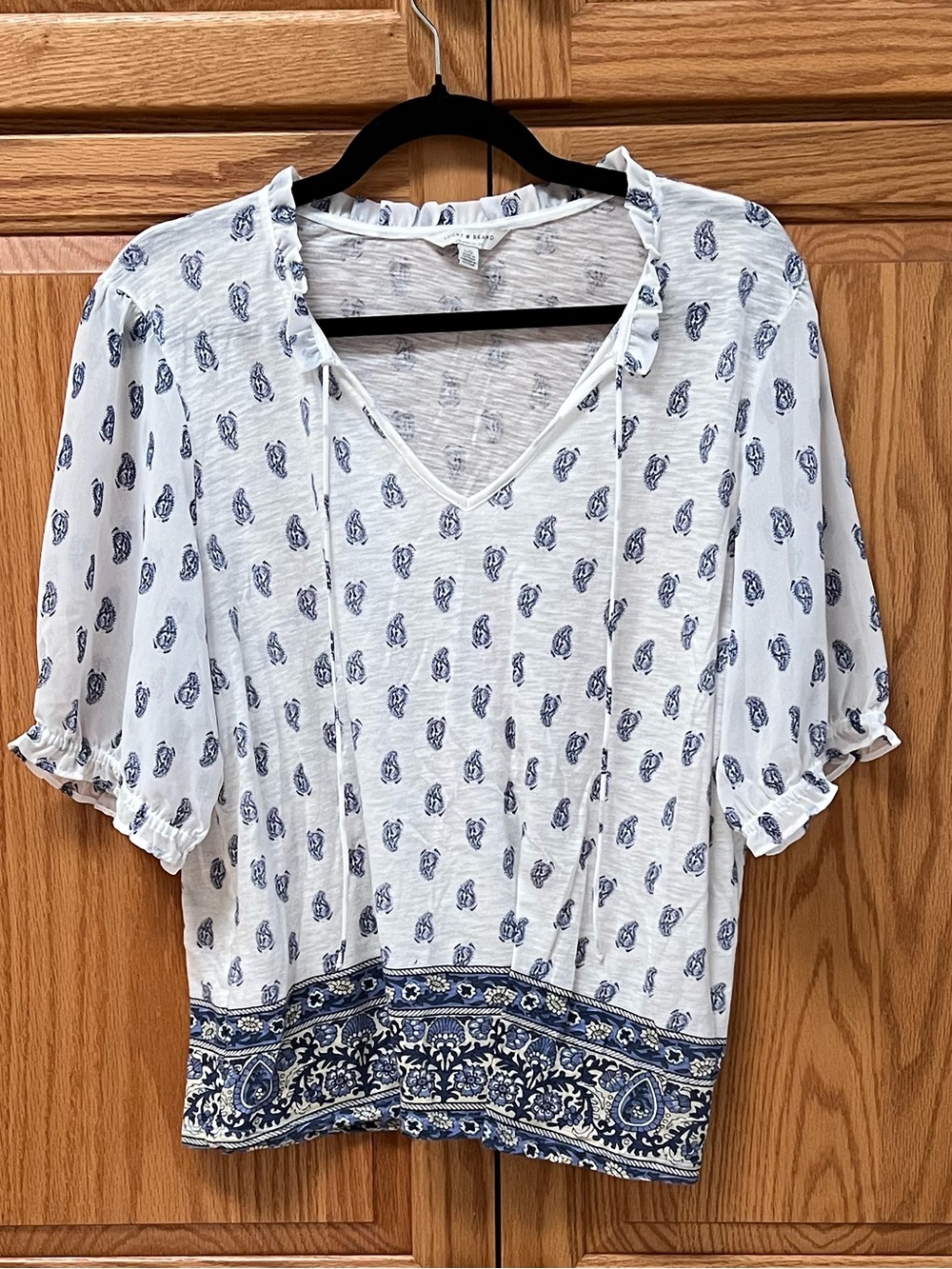Lucky Brand White Blouse with Navy Paisley Print, GUC, Size L